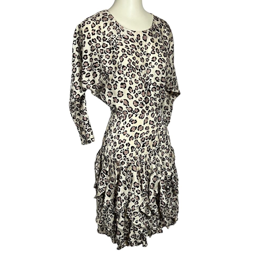 Vtg Lauren Alexandra XS Silk Dress Leopard-Print 80s Knee-Length Dolman
